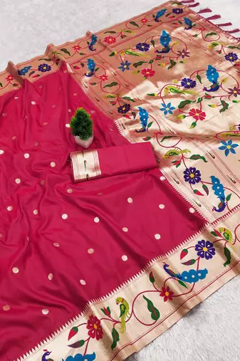 Pink faux banarasi silk saree with paithani rich weaved pallu and blouse