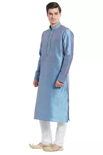 Slate blue art silk straight embroidery kurta for men's