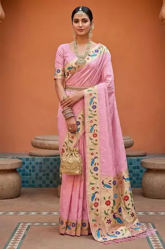 Baby pink  faux banarasi silk saree with paithani rich weaved pallu and blouse