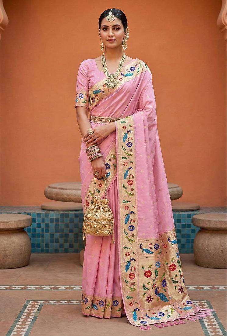 Baby pink  faux banarasi silk saree with paithani rich weaved pallu and blouse