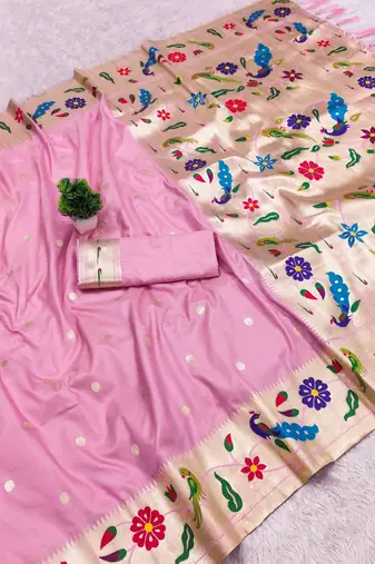 Baby pink faux banarasi silk saree with paithani rich weaved pallu and blouse