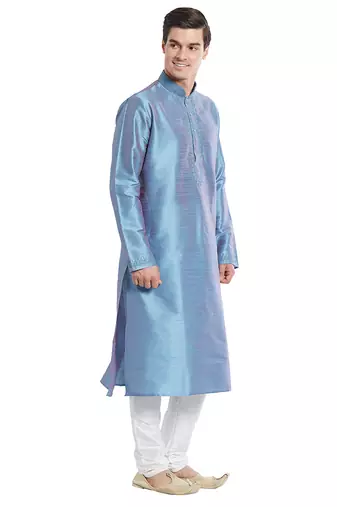 Slate blue art silk straight embroidery kurta for men's