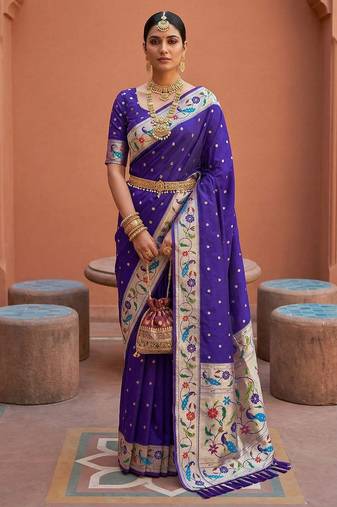 Violet  faux banarasi silk saree with paithani rich weaved pallu and blouse