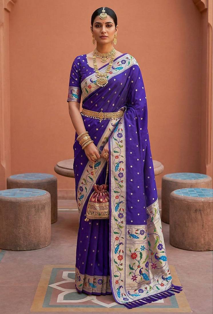 Violet  faux banarasi silk saree with paithani rich weaved pallu and blouse