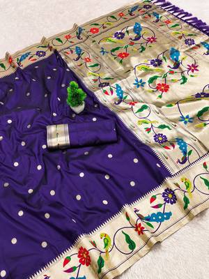 Violet faux banarasi silk saree with paithani rich weaved pallu and blouse 2