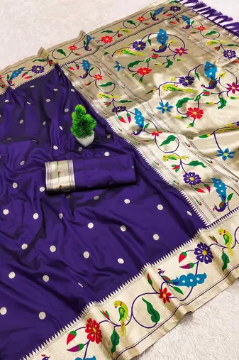 Violet faux banarasi silk saree with paithani rich weaved pallu and blouse