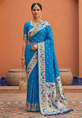 Teal blue faux banarasi silk saree with paithani rich weaved pallu and blouse 1