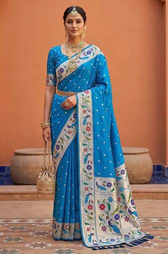 Teal blue  faux banarasi silk saree with paithani rich weaved pallu and blouse