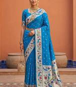Teal blue  faux banarasi silk saree with paithani rich weaved pallu and blouse