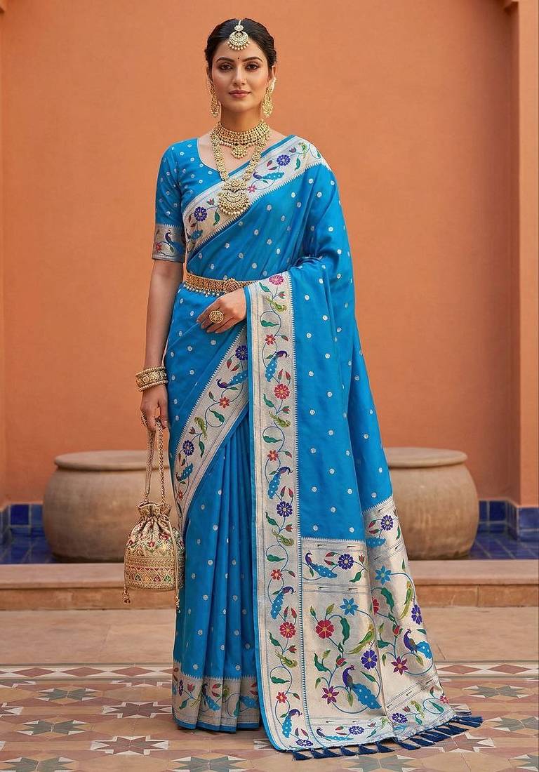 Teal blue  faux banarasi silk saree with paithani rich weaved pallu and blouse