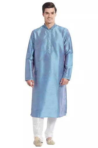Slate blue art silk straight embroidery kurta for men's