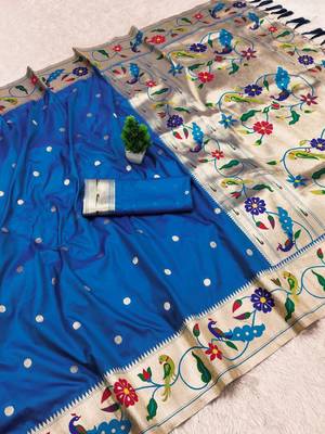 Teal blue faux banarasi silk saree with paithani rich weaved pallu and blouse 2