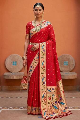 Red  faux banarasi silk saree with paithani rich weaved pallu and blouse