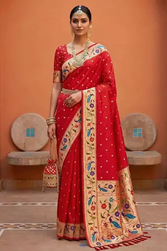 Red  faux banarasi silk saree with paithani rich weaved pallu and blouse
