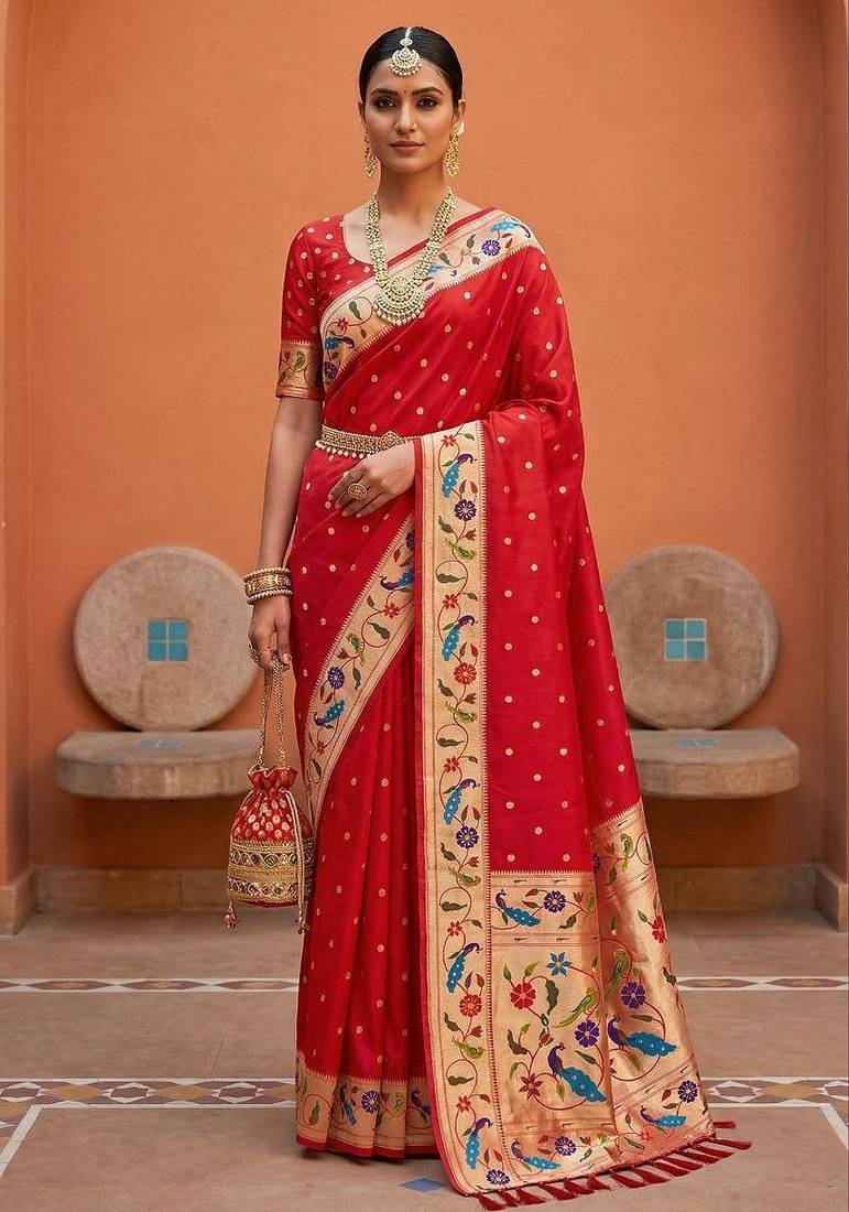 Red  faux banarasi silk saree with paithani rich weaved pallu and blouse