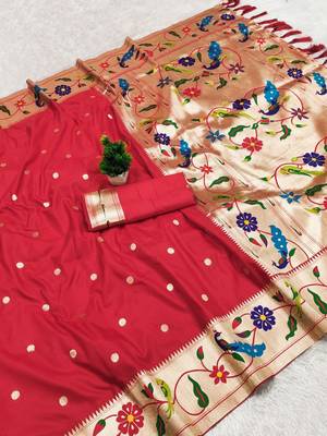 Red faux banarasi silk saree with paithani rich weaved pallu and blouse 2