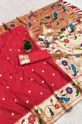 Red faux banarasi silk saree with paithani rich weaved pallu and blouse