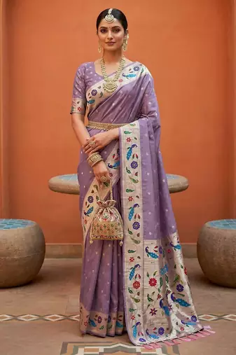 Lavender faux banarasi silk saree with paithani rich weaved pallu and blouse