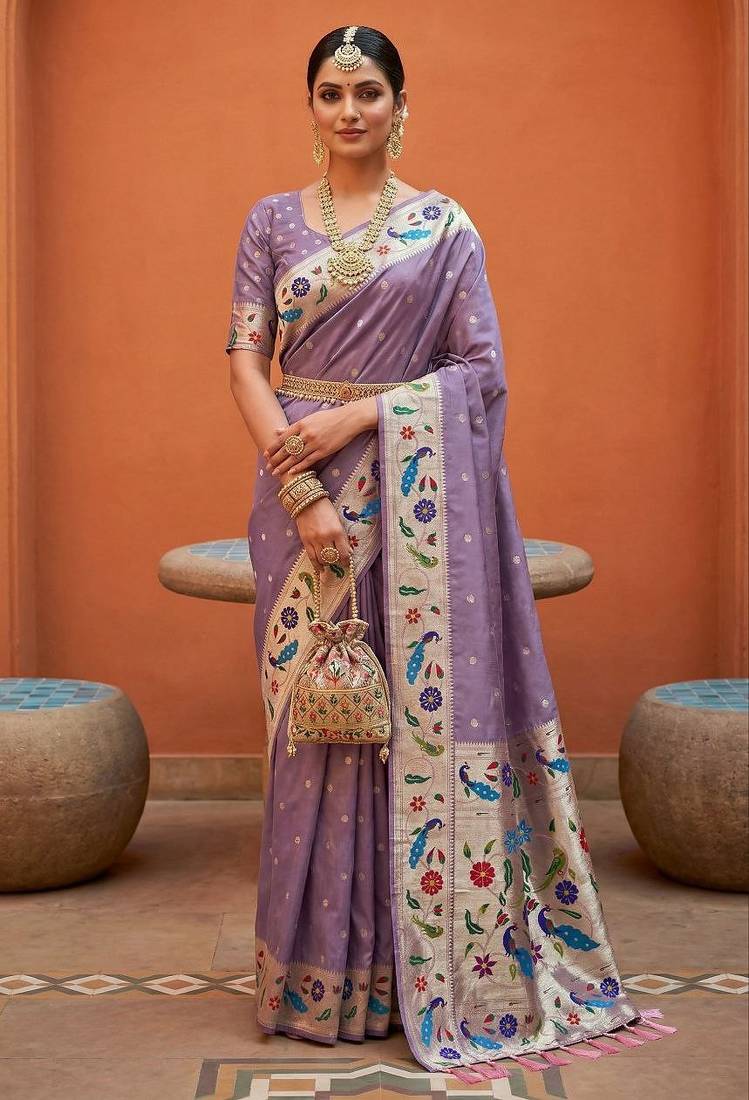 Lavender faux banarasi silk saree with paithani rich weaved pallu and blouse