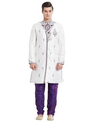Off white silk blend straight embroidery with handwork indisherwani for men's 1