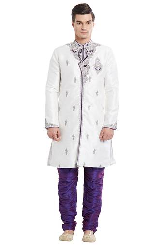 Off white silk straight embroidery with handwork indisherwani for men's