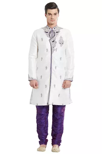 Off white silk straight embroidery with handwork indisherwani for men's