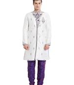 Off white silk straight embroidery with handwork indisherwani for men's