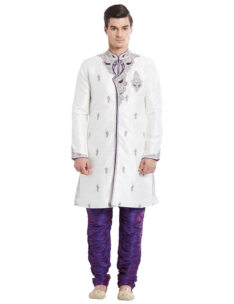 Off white silk straight embroidery with handwork indisherwani for men's