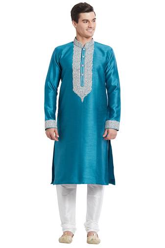 Rama green art silk straight embroidery kurta for men's