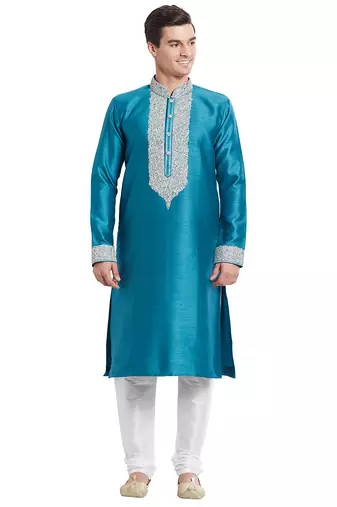 Rama green art silk straight embroidery kurta for men's