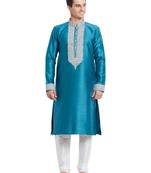Rama green art silk straight embroidery kurta for men's