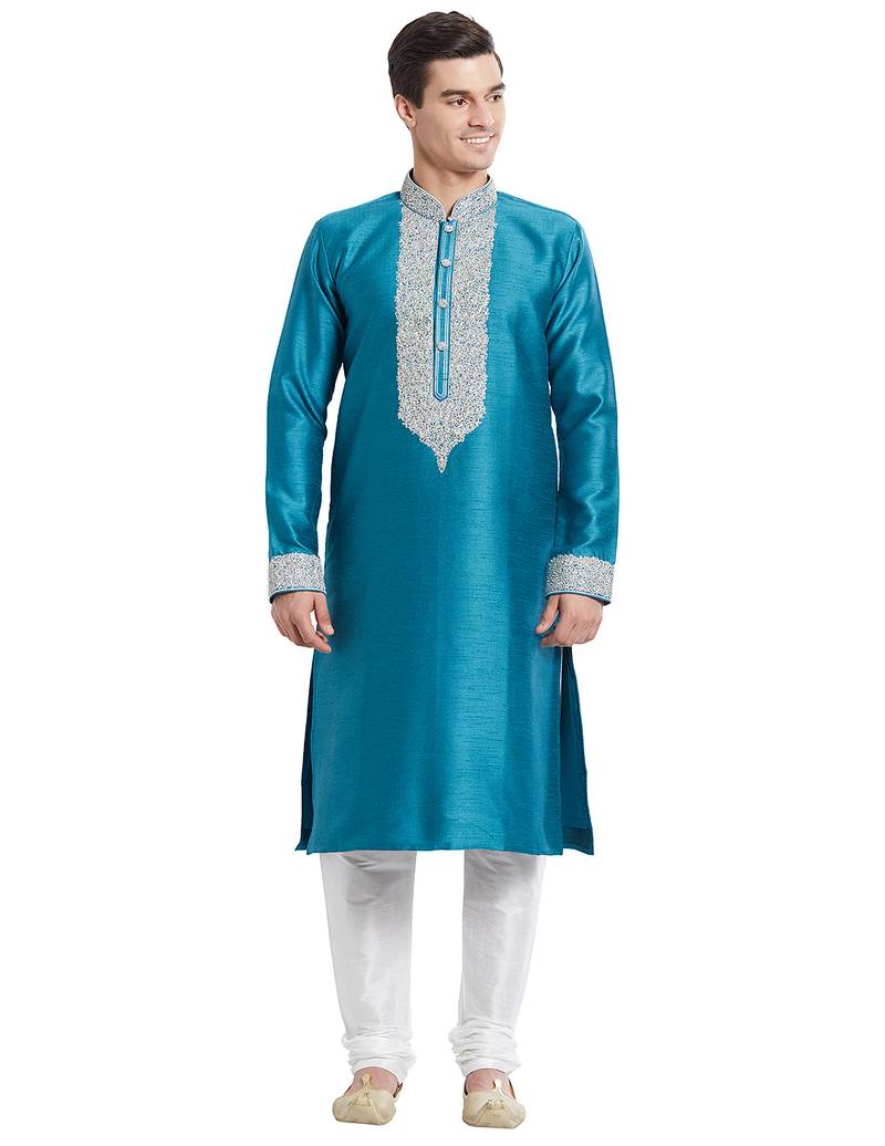 Rama green art silk straight embroidery kurta for men's