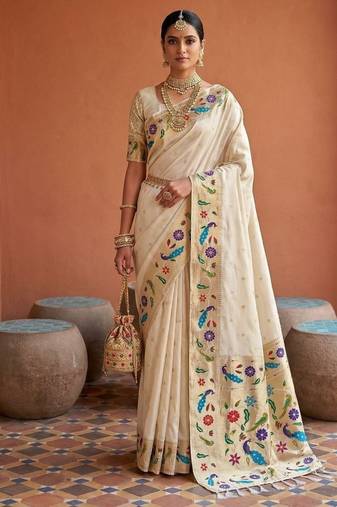 Off white faux banarasi silk saree with paithani rich weaved pallu and blouse