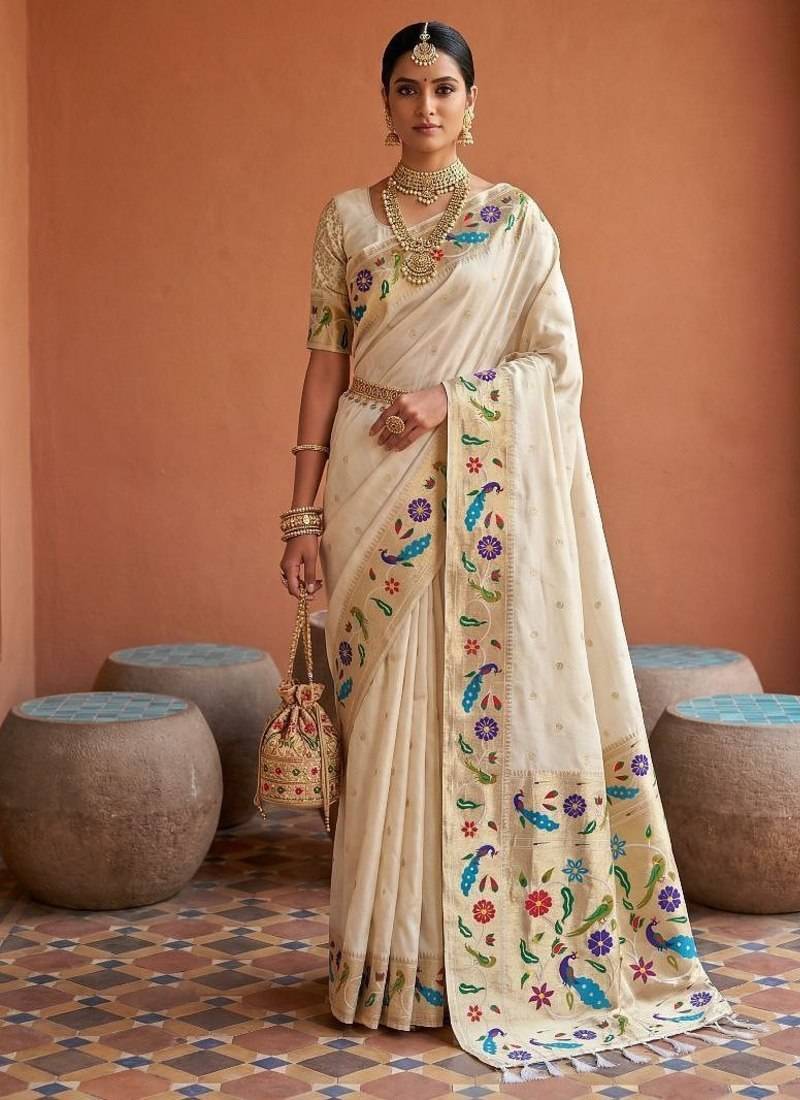 Off white faux banarasi silk saree with paithani rich weaved pallu and blouse
