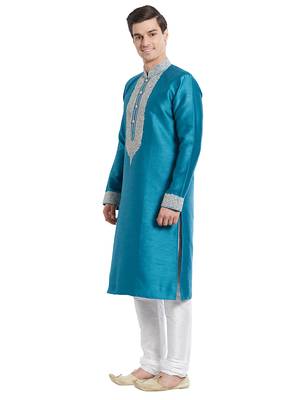 Rama green Art silk straight embroidery kurta for men's 2