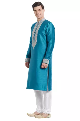 Rama green art silk straight embroidery kurta for men's