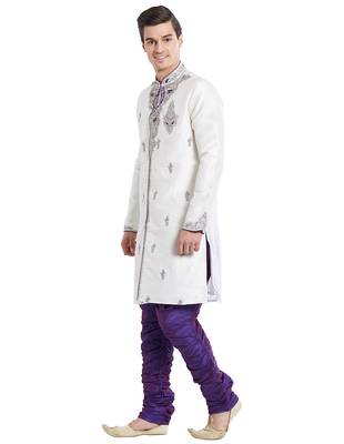 Off white silk blend straight embroidery with handwork indisherwani for men's 2