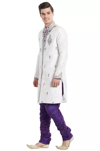 Off white silk straight embroidery with handwork indisherwani for men's