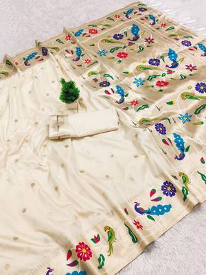 Off white faux banarasi silk saree with paithani rich weaved pallu and blouse 2
