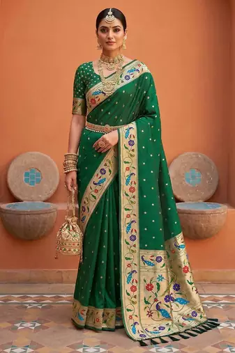 Green  faux banarasi silk saree with paithani rich weaved pallu and blouse