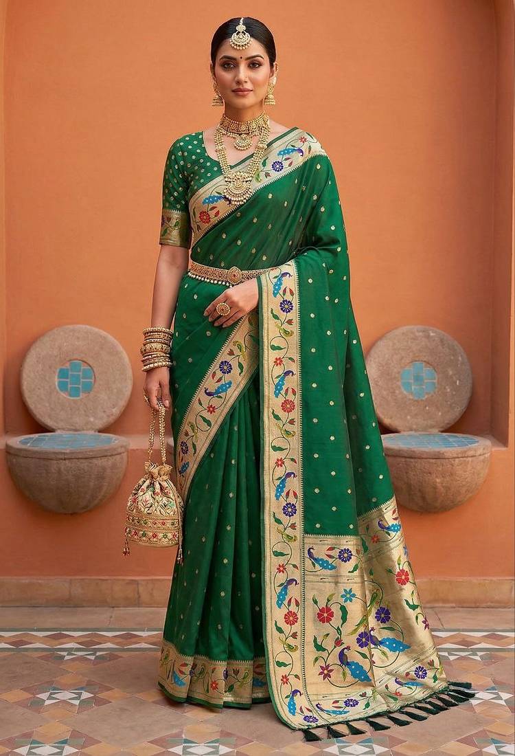 Green  faux banarasi silk saree with paithani rich weaved pallu and blouse