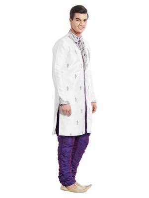 Off white silk blend straight embroidery with handwork indisherwani for men's 3