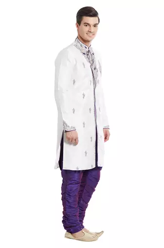 Off white silk straight embroidery with handwork indisherwani for men's