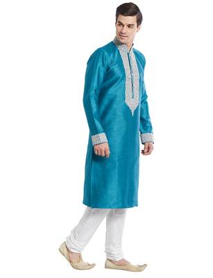 Rama green Art silk straight embroidery kurta for men's 3