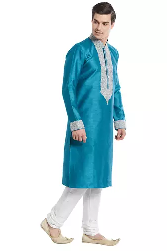 Rama green art silk straight embroidery kurta for men's