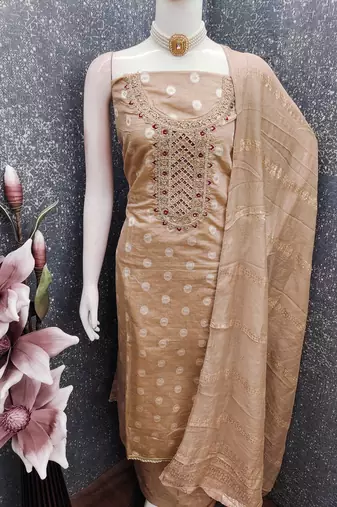 Embroidered unstitched salwar suit with woven dupatta