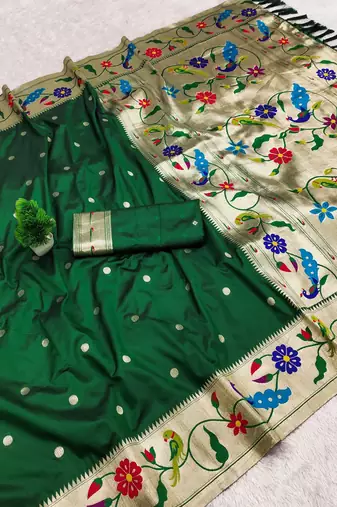 Green faux banarasi silk saree with paithani rich weaved pallu and blouse