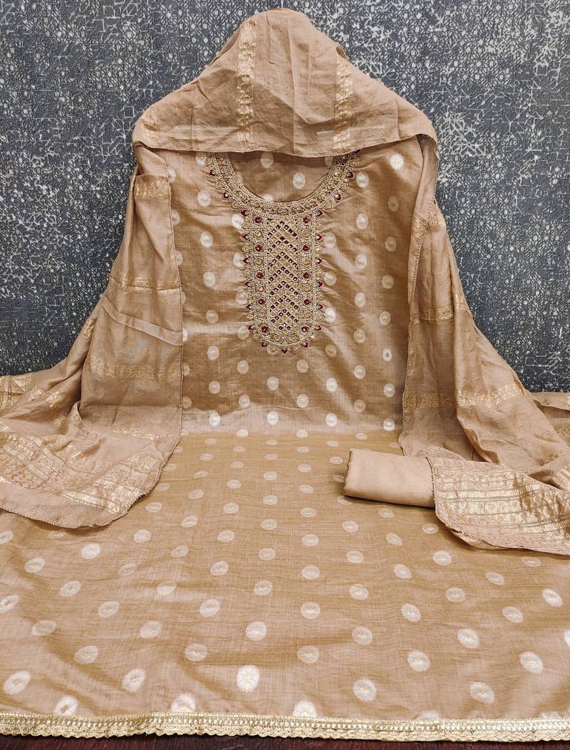Embroidered unstitched salwar suit with woven dupatta