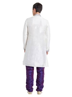 Off white silk blend straight embroidery with handwork indisherwani for men's 4