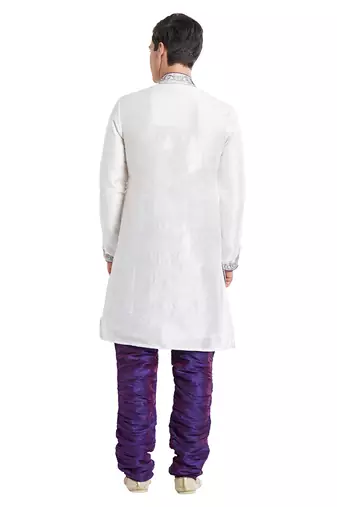 Off white silk straight embroidery with handwork indisherwani for men's
